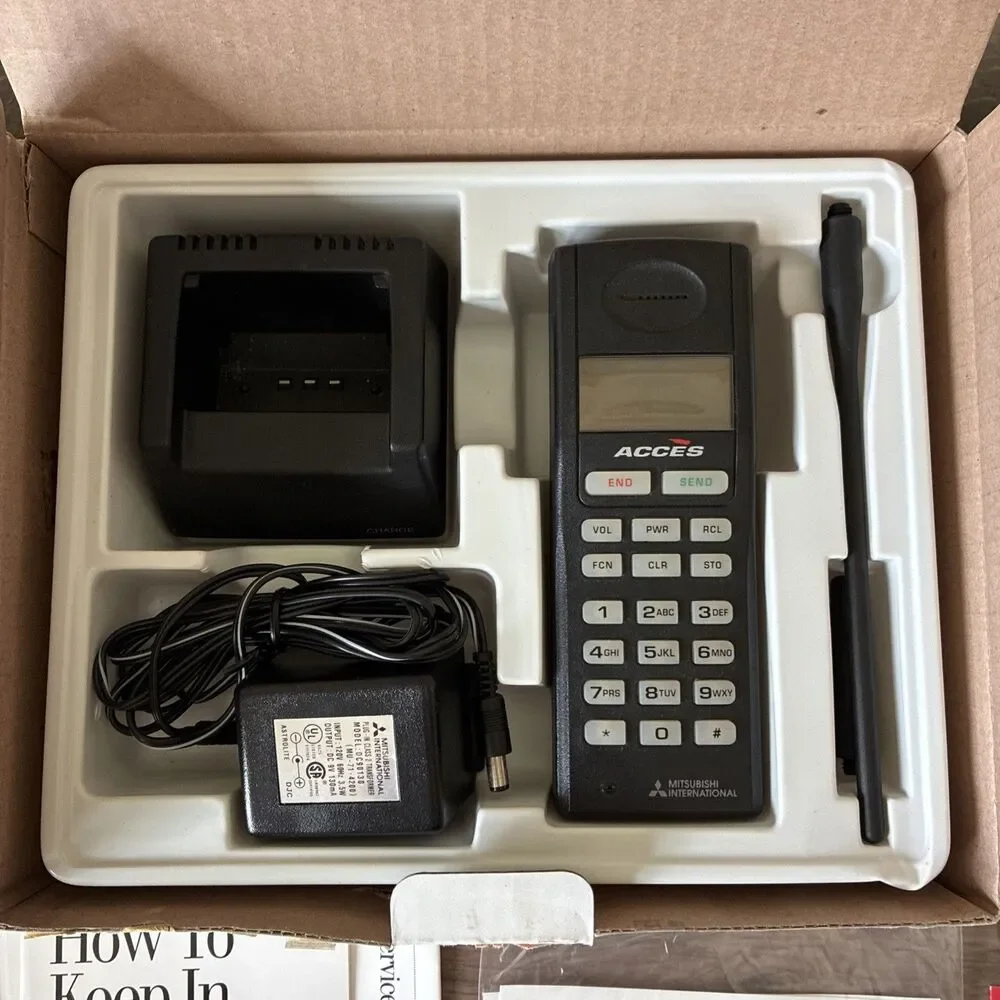 Vintage Acces Cellular Phone With Base, Antenna, Box And Manual, Mitsubishi Intl